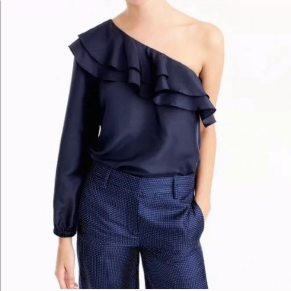 J. Crew Tops - NWT JCrew Silk One Sleeve Navy Blue Ruffle Top 00